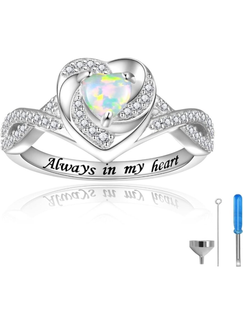 Heart Cremation Ring for Ashes - 925 Sterling Silver Opal Memorial Jewelry